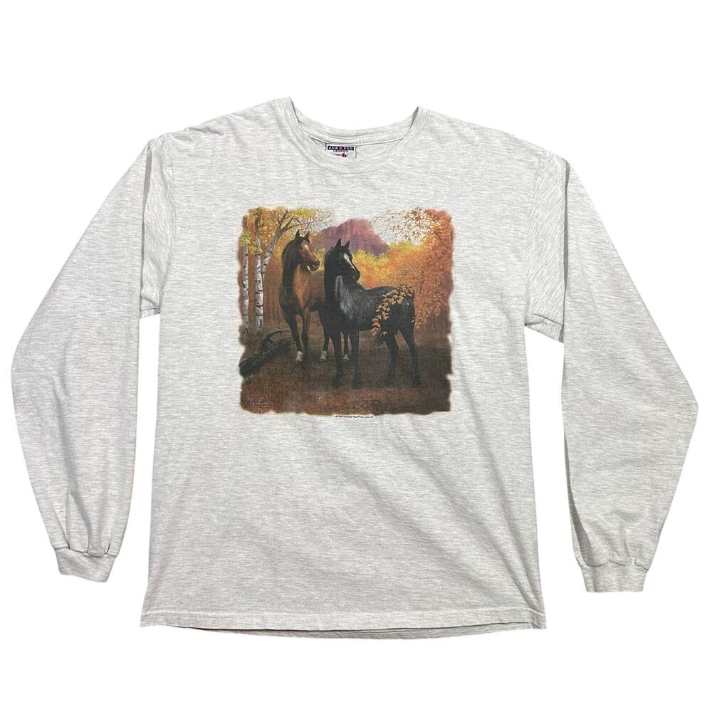 Vintage 90s Autumn Horses Long Sleeve T-Shirt Men’s Medium 1996 Nature Tee